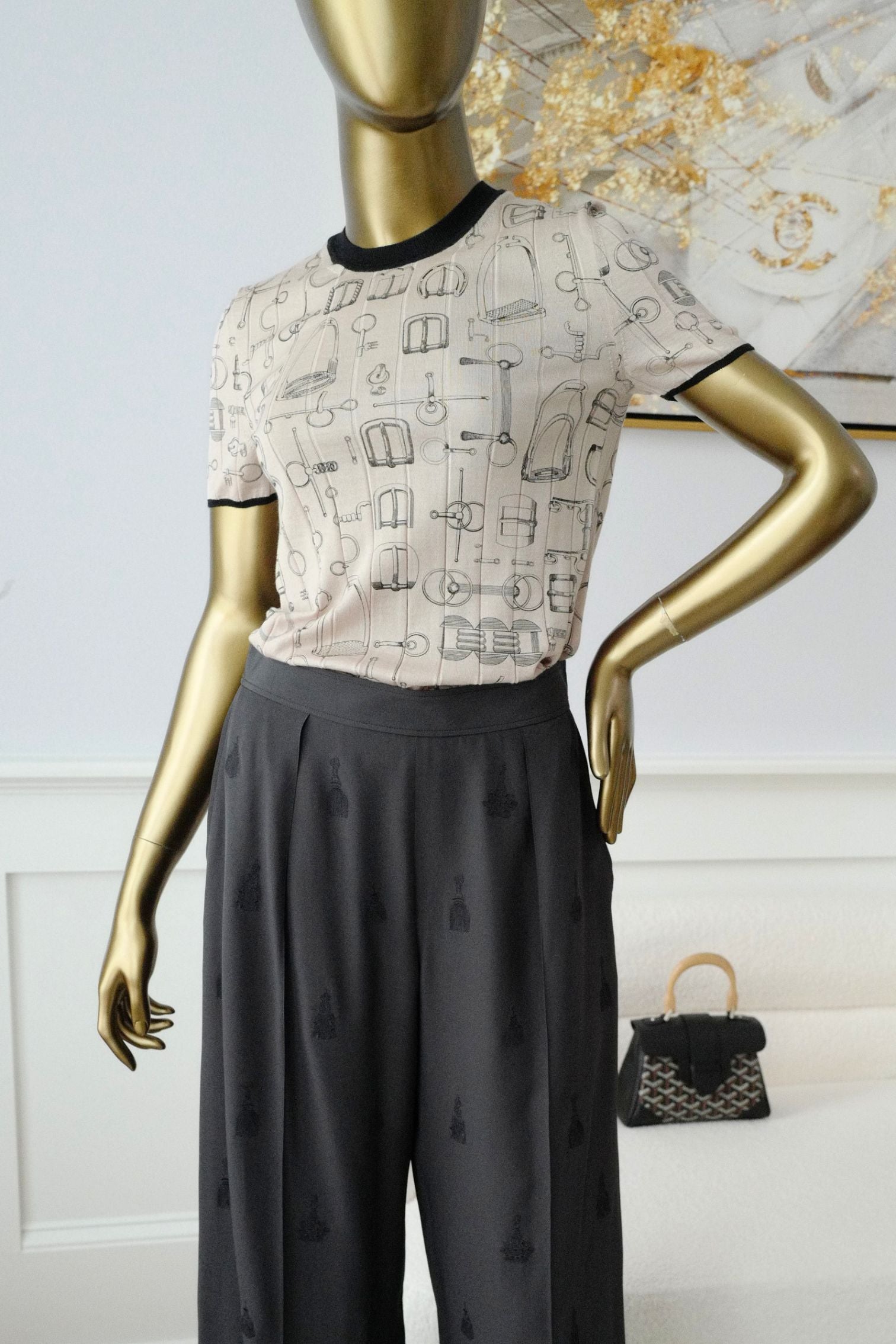 Hermès Short Sleeve Sweater "Cahier du Colporteur" Beige Cashmere Silk Size 36