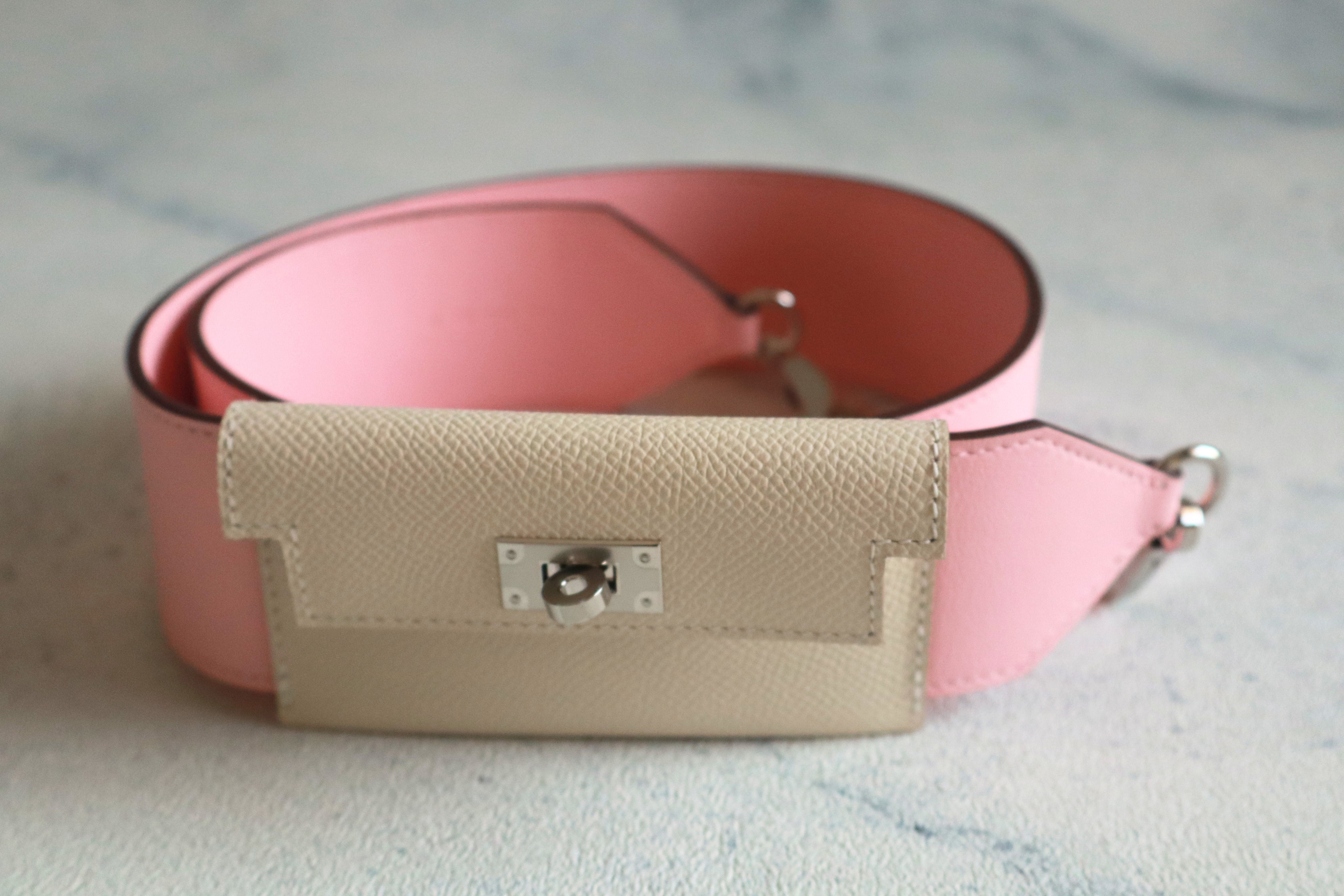 NEW Hermes Kelly Pocket Bag Strap Rose Sakura/Craie Swift Epsom Calfskin 85 cm