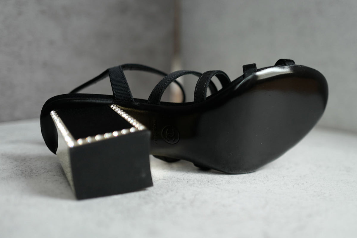 BNIB Chanel 24B Strappy Heels in Black with Crystals Rhinestone Heels size 38