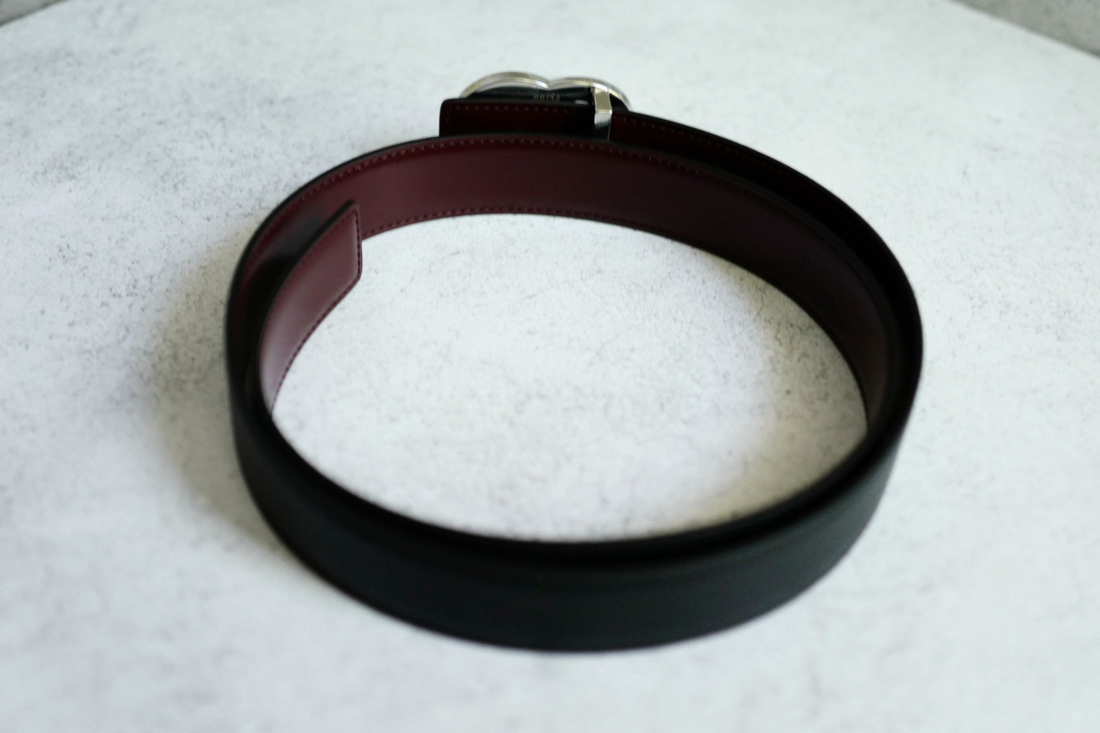 Chanel CC Reversible Belt Black Burgundy Silver Calfskin Metal Size 85