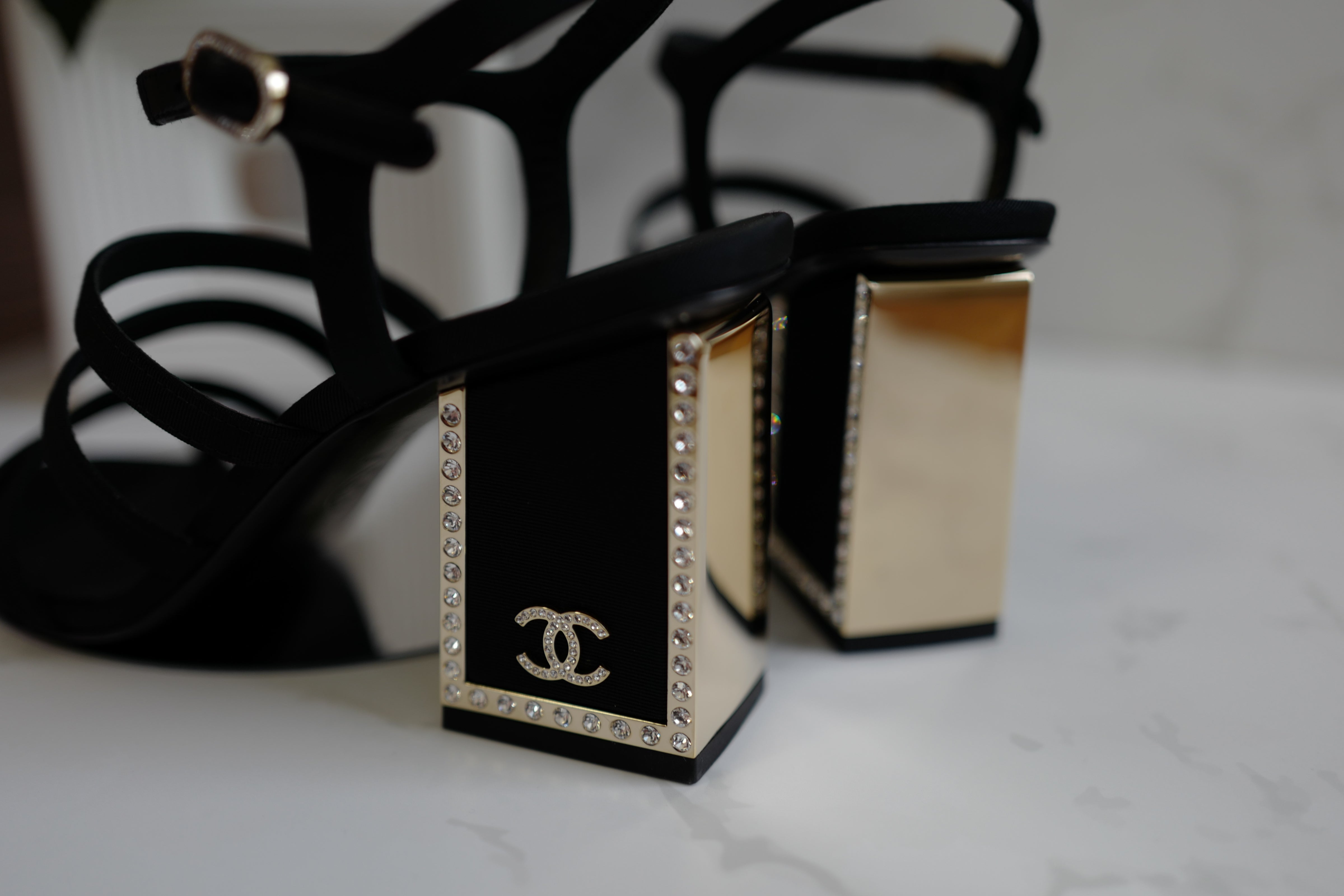 BNIB Chanel 24B Strappy Heels in Black with Crystals Rhinestone Heels size 38