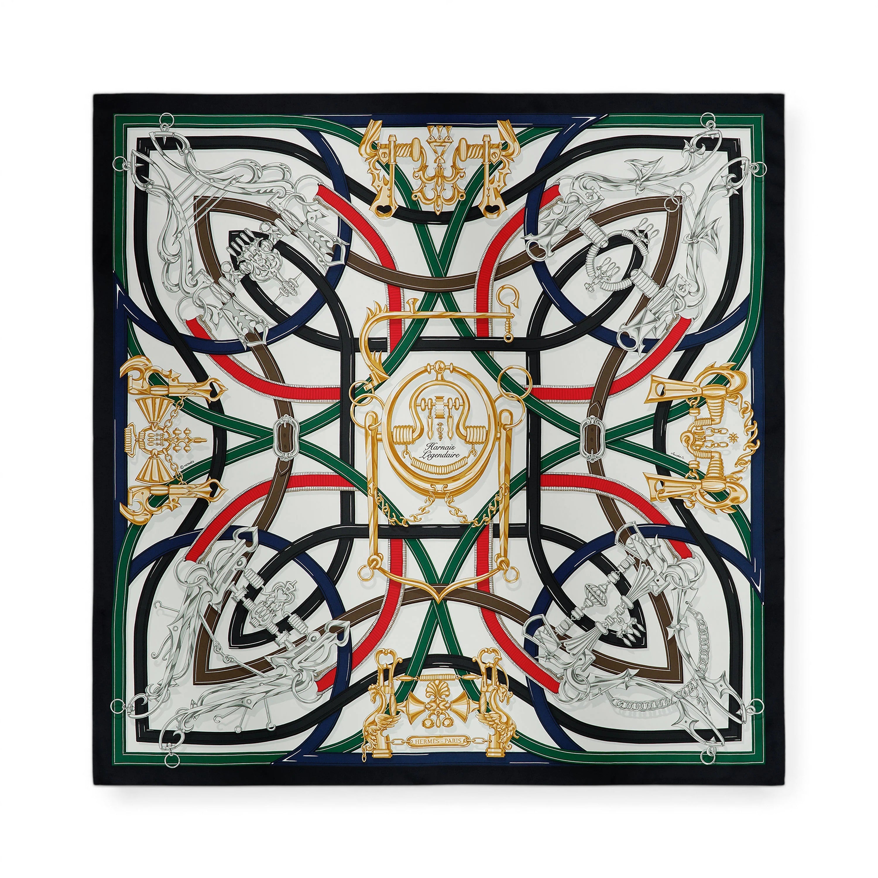 Hermès Harnais Legendaire Scarf Blanc/Vert Loden/Rouge Silk Twill 90