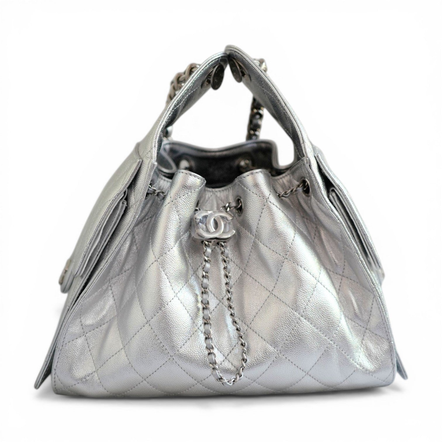 Chanel 26C Small Hobo Silver Metallic Grained Calfskin Silver Hardware