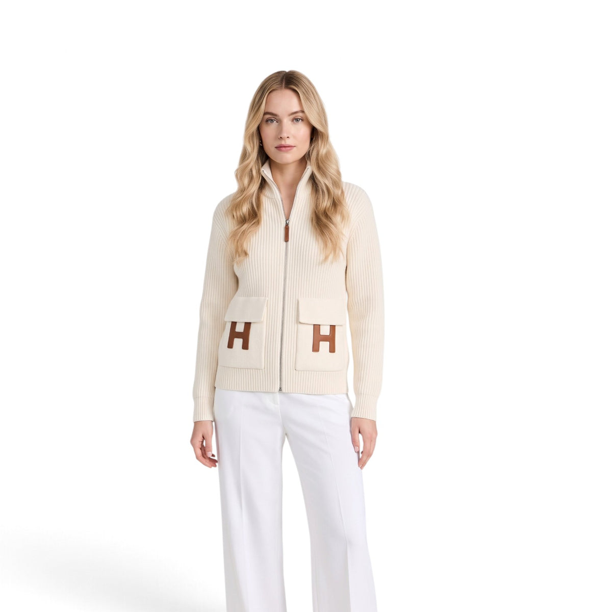 NEW Hermes Blouson Cardigan Wool Knit Blanc Naturel Size 34