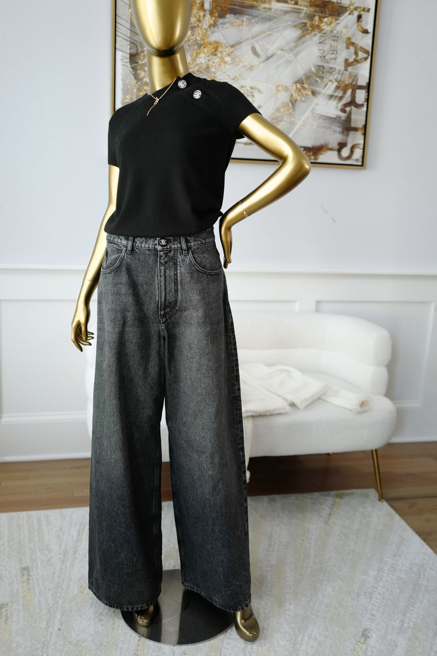 BNIB Hermes Short-Sleeve Cashmere Sweater With h Logo Button in Noir Black 36