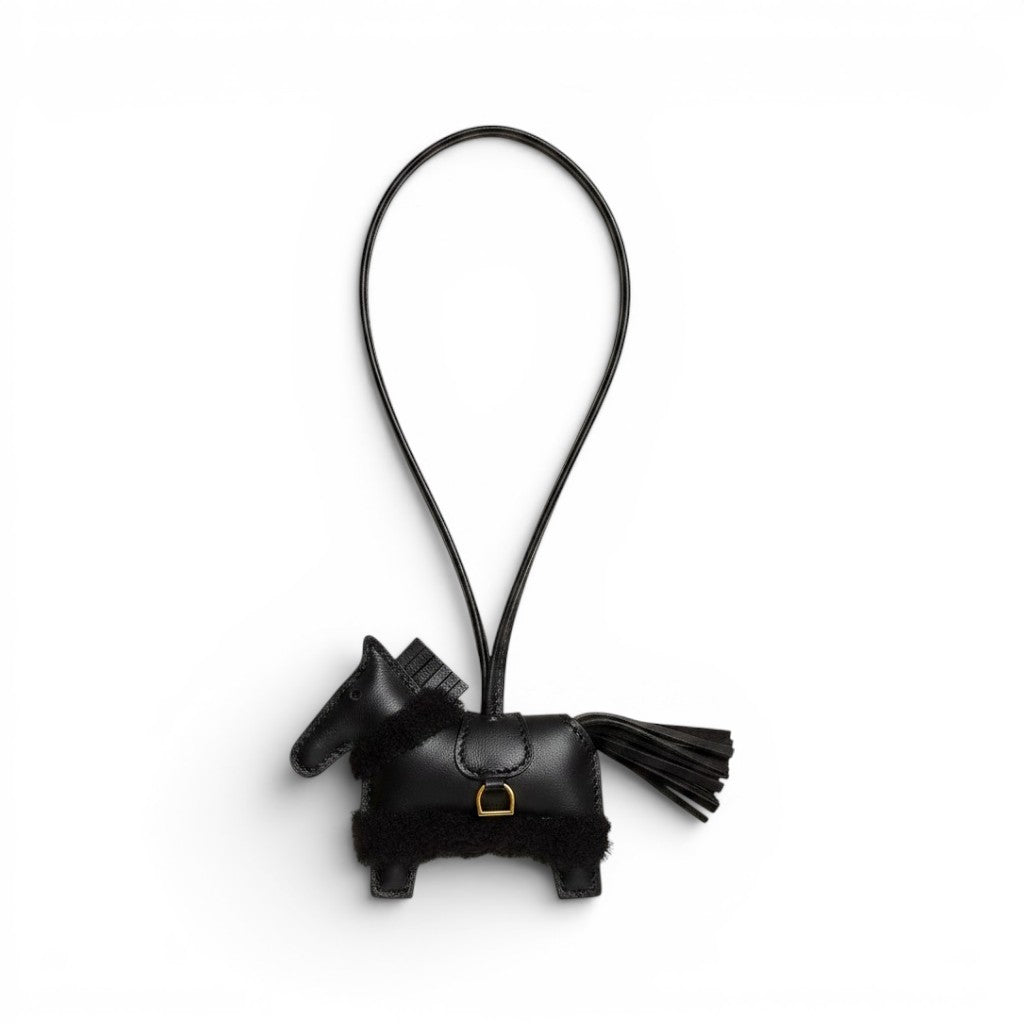 Hermès Horse Charm Rodeo Robeo Plush PM Noir Lambskin Wool Yellow Gold Plated