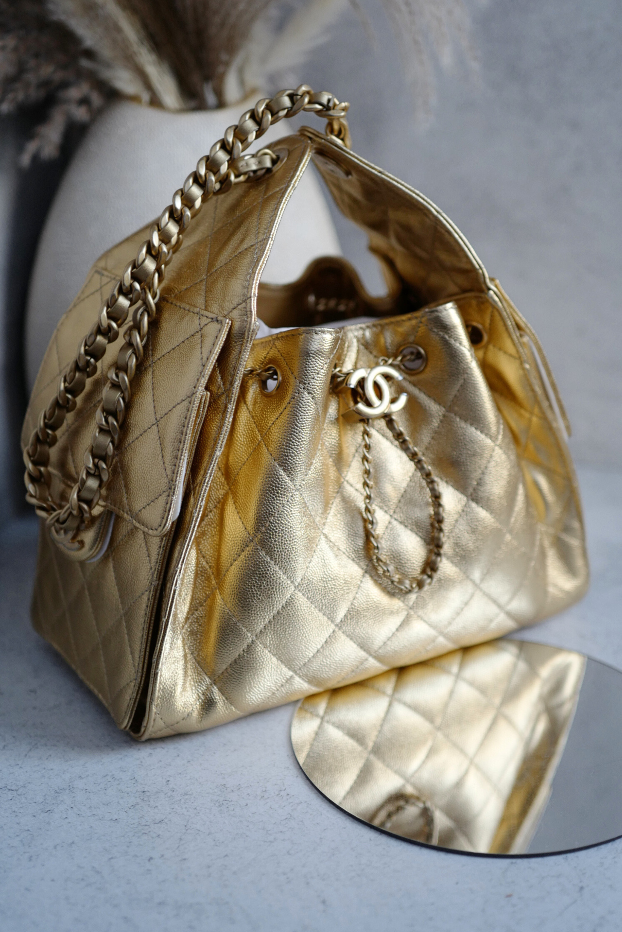 BNIB Chanel 26C Small Hobo Gold Metallic Grained Calfskin with Gold Hardware