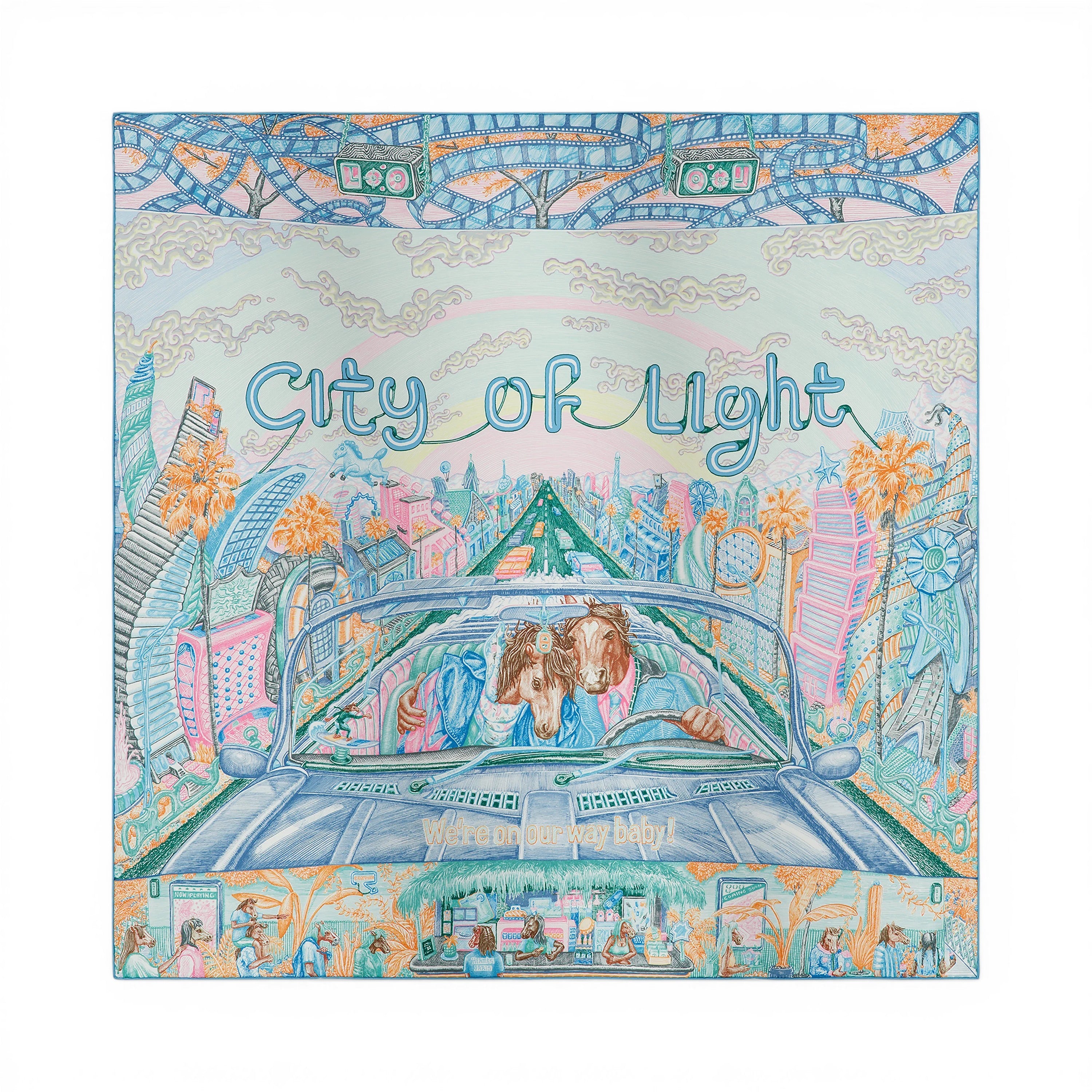 Hermès City of Light Scarf Bleu Jean/Rose/ Vert Véronèse 100% Silk 90
