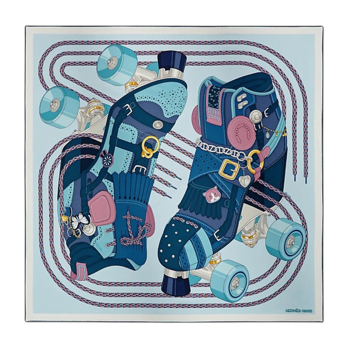 Hermes Derby 2000 Scarf 90 Bleu Ciel / Marine / Vieux Rose 100% Silk