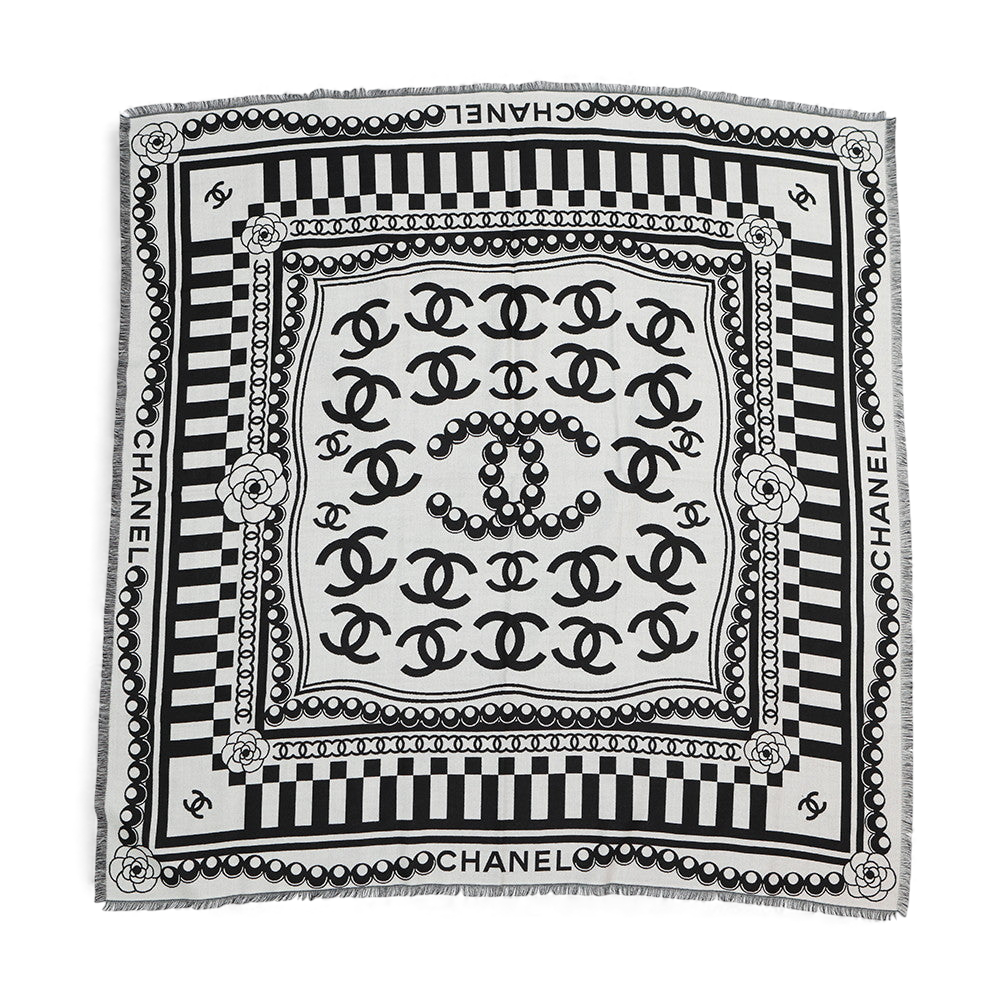 CHANEL 26C Black White Checkered Double CC Scarf Shawl