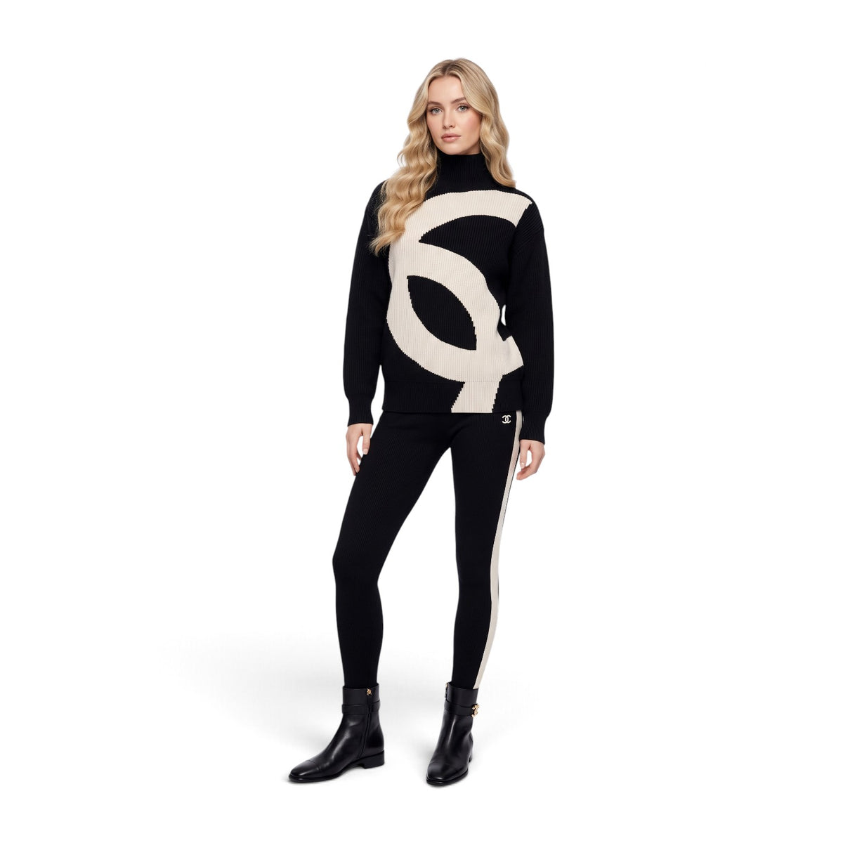 NEW Chanel 26N Coco Neige Sweater Pullover Black Ecru Wool Cashmere Size 34