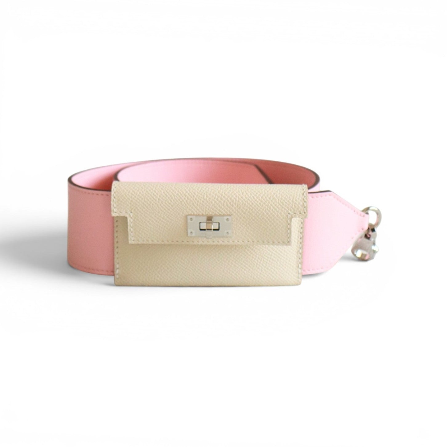 NEW Hermes Kelly Pocket Bag Strap Rose Sakura/Craie Swift Epsom Calfskin 85 cm