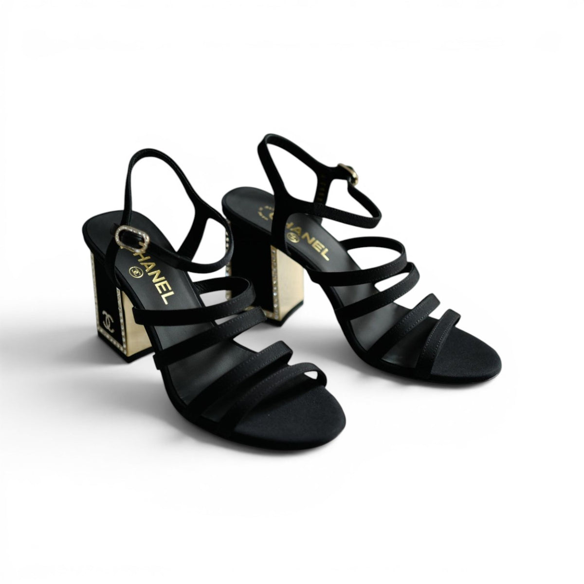 BNIB Chanel 24B Strappy Heels in Black with Crystals Rhinestone Heels size 38