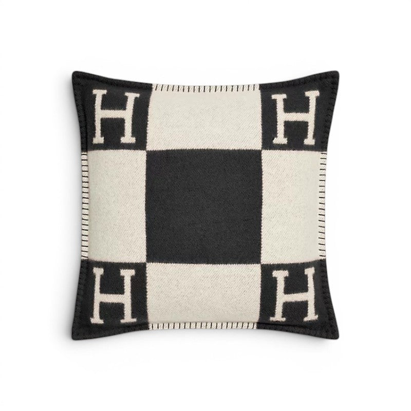 NEW Hermes Avalon Pillow  Small Model Ecru Gris Foncé Jacquard Wool Cashmere