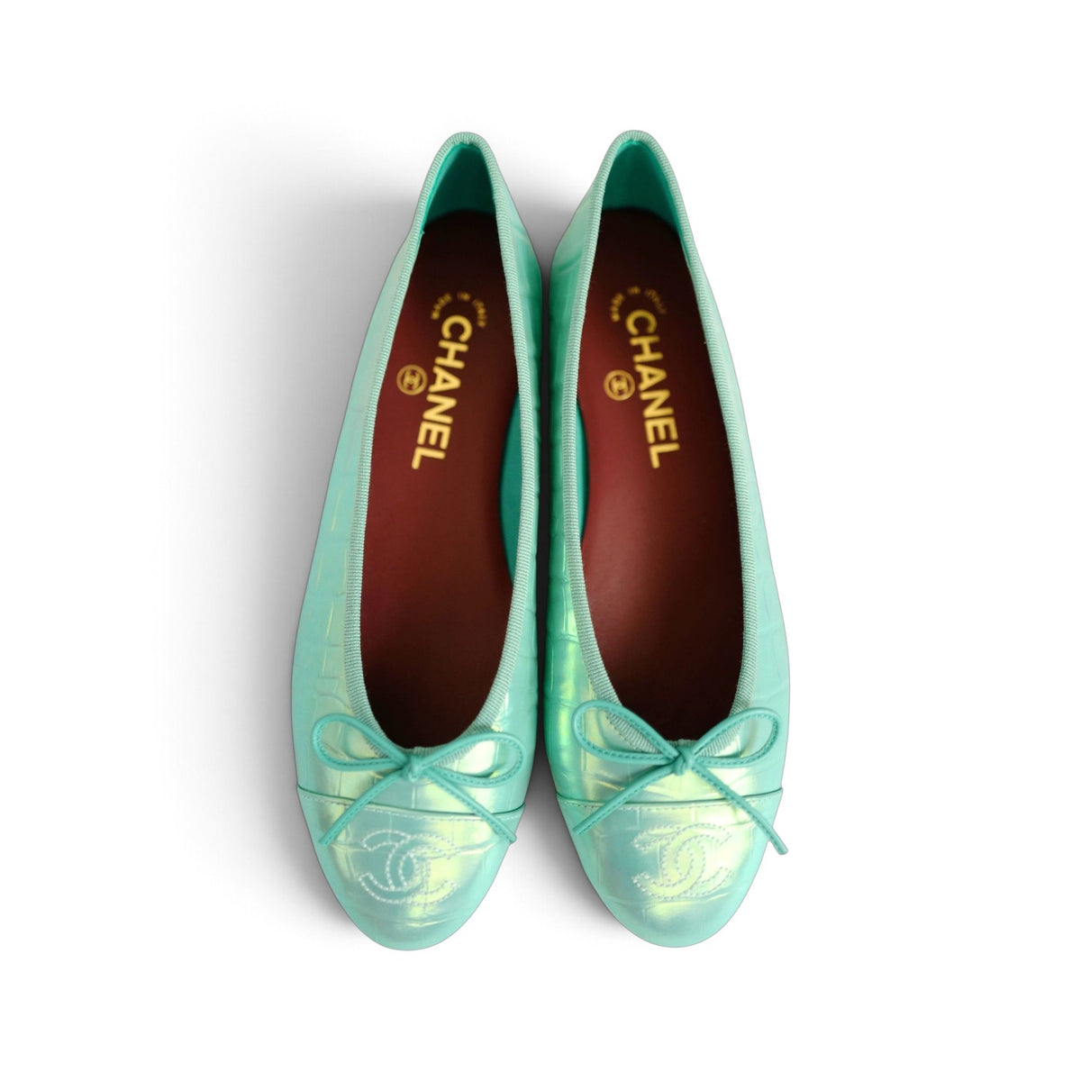 NEW Chanel 26K Ballet Flats Crocodile Embossed Calfskin Turquoise Blue Size 37C