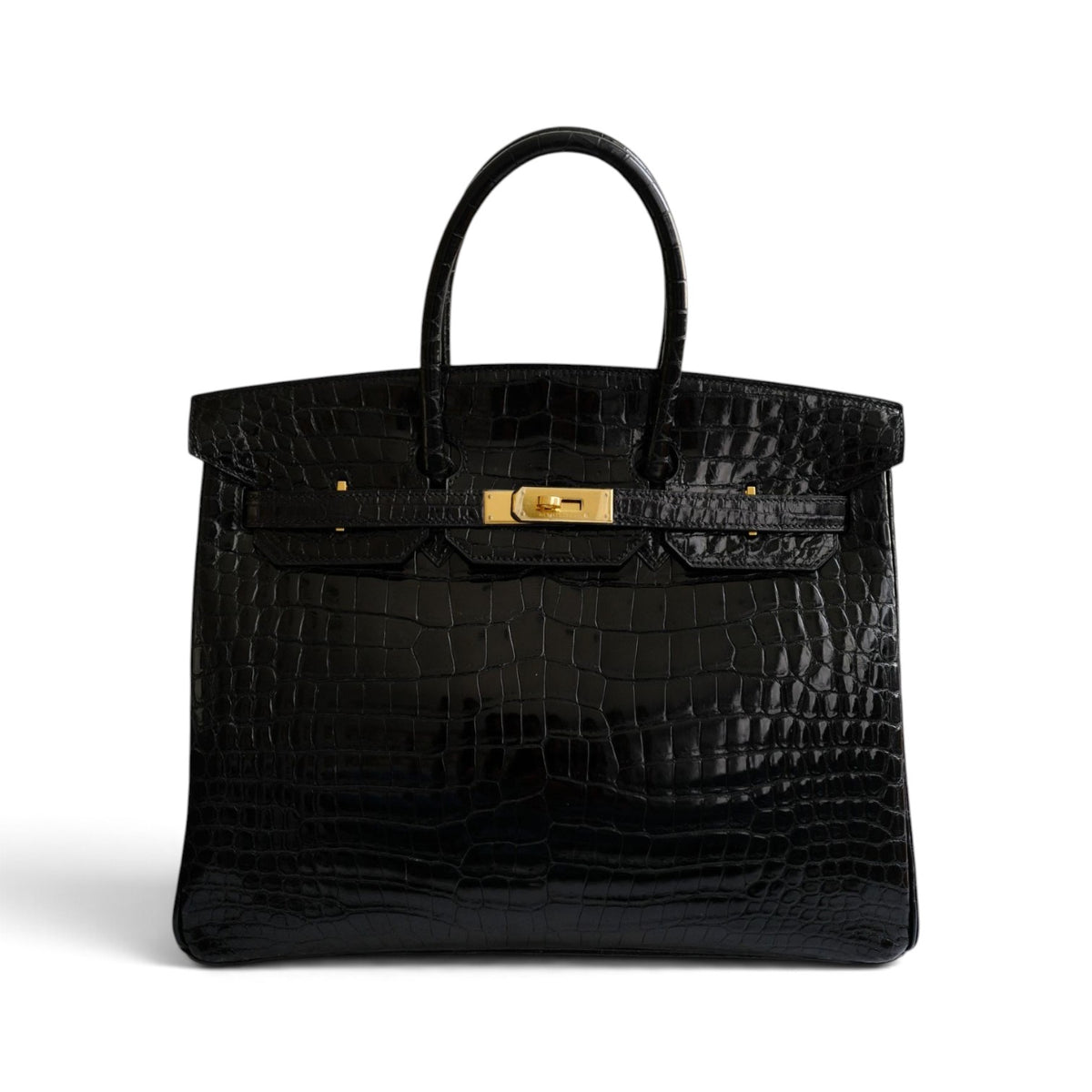 Hermès Birkin 35 Black Shiny Porosus Crocodile Gold HW #D Preowned Condition