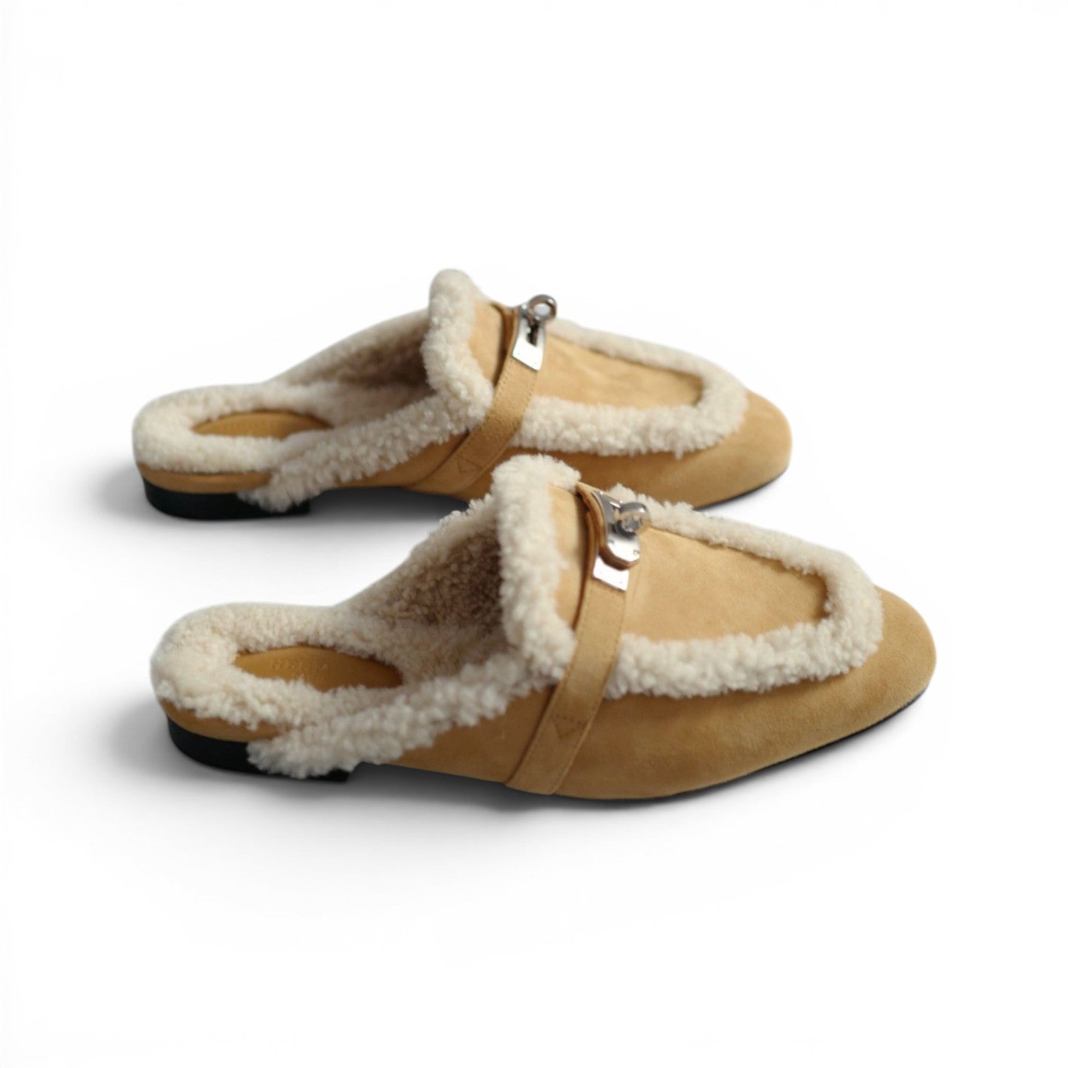 BNIB Hermes Oz Mule Shearling Miel / Ecru Suede Palladium Hardware size 38