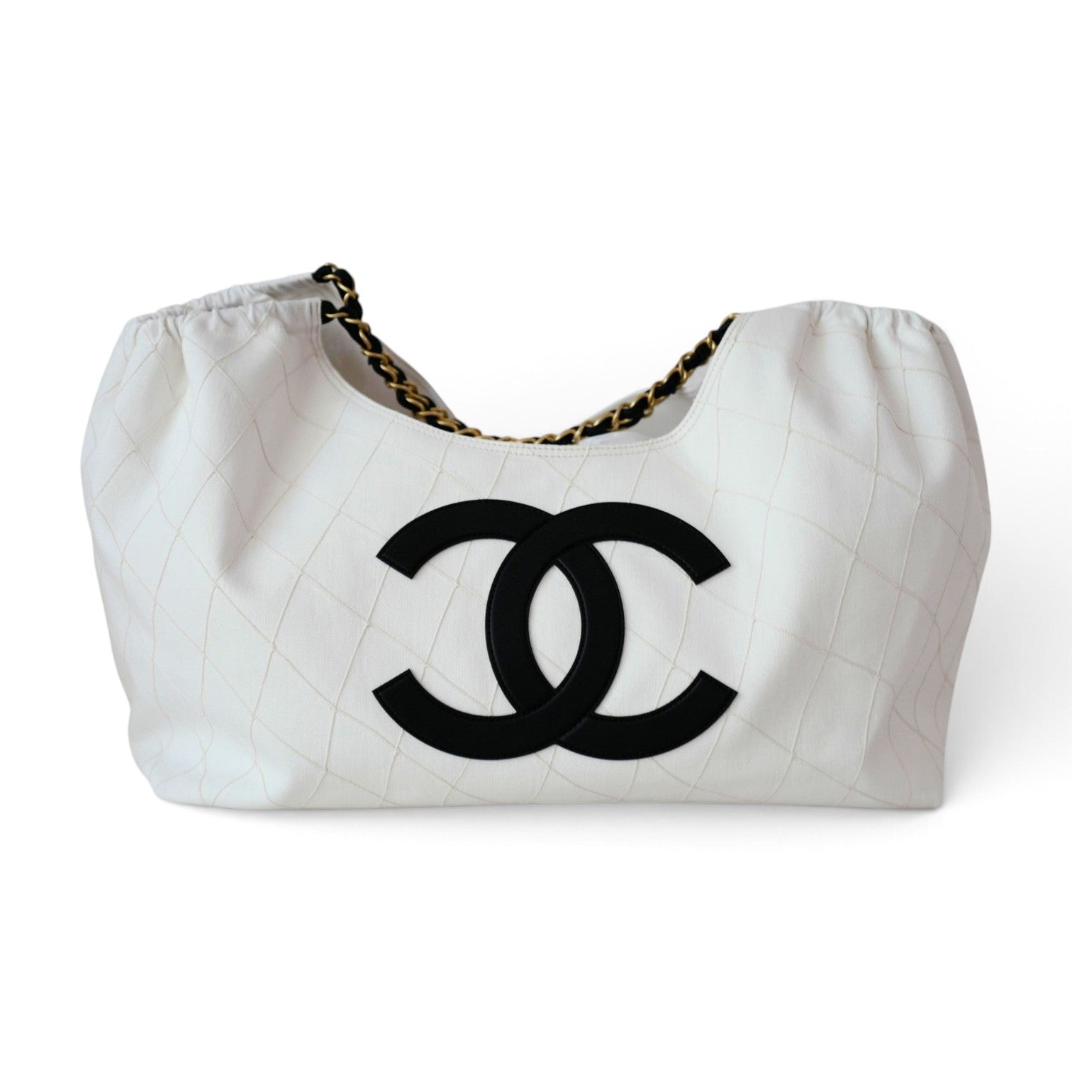 Chanel 26M Coco Beach Small Tote White Black Denim Calfskin Gold Hardware
