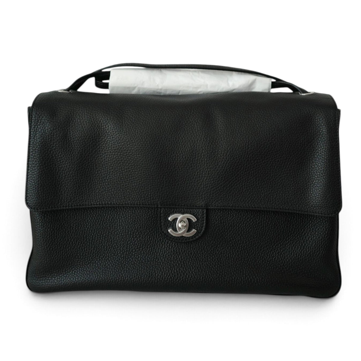 NEW Chanel 26S Maxi 38 Flapbag Black Grained Calfskin Silver Hardware