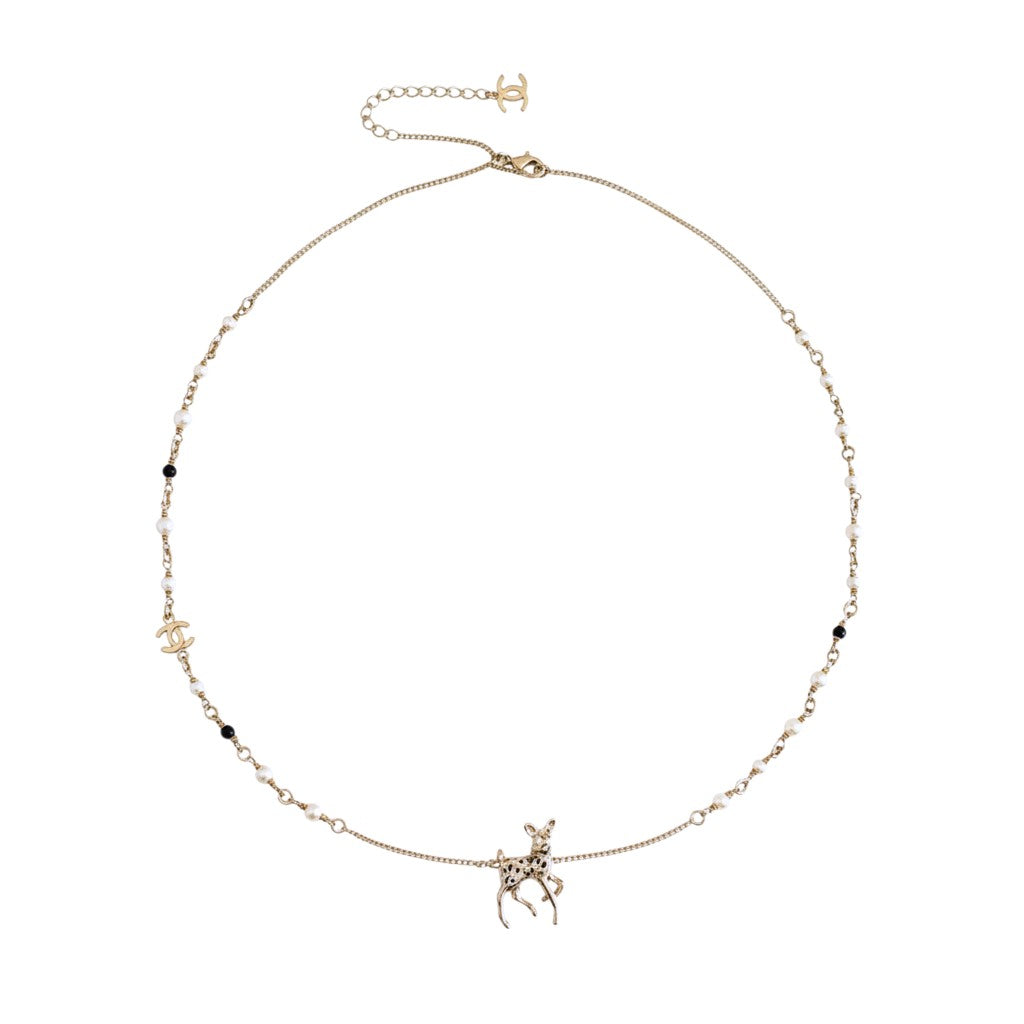 Chanel CC Deer Long Pendant Necklace Gold and Faux Pearl