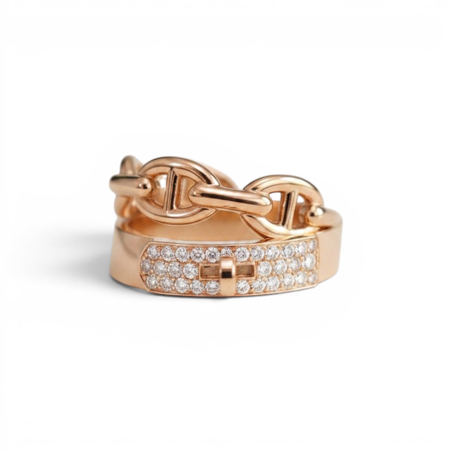 Hermès Kelly Alchimie Double Tour Ring 18K Rose Gold 32 Diamonds Size 53