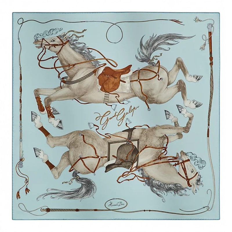 Hermès Grand Galop Scarf 90 Bleu Ciel / Gris / Cuir 100% Silk