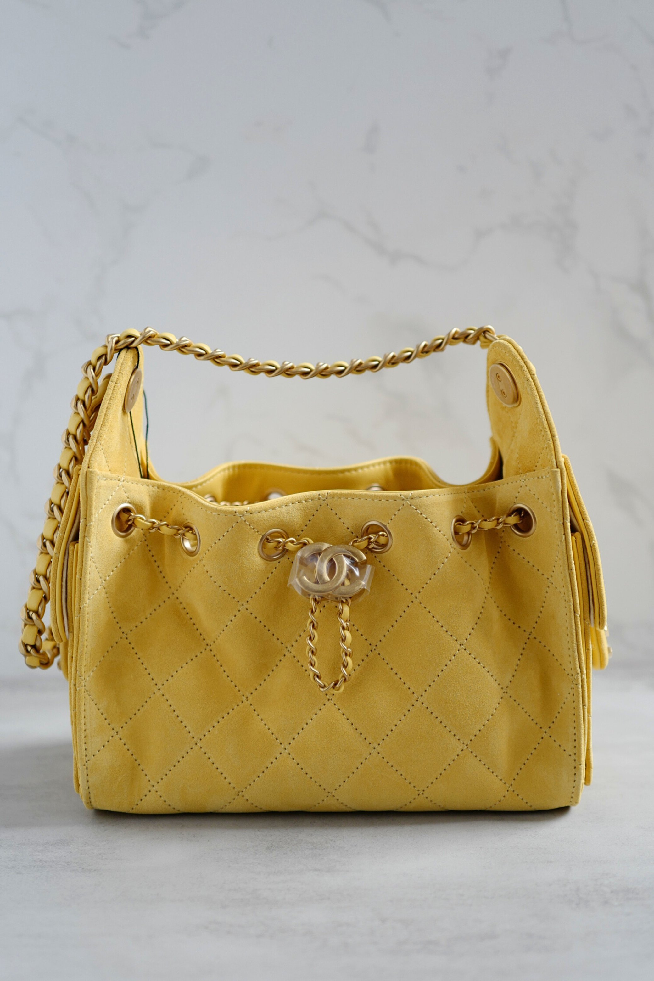 NEW Chanel 26C Mini Hobo Shoulder Bag in Yellow Suede with Gold Hardware