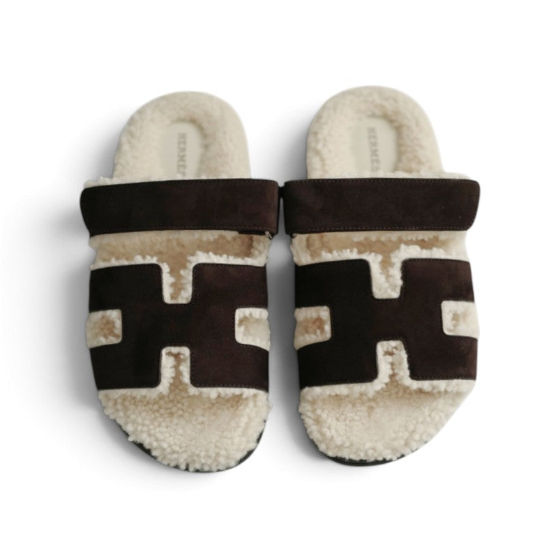 BNIB HERMÈS Chypre Sandals Goat Skin Suede Marron Ébène/Écru Size 38