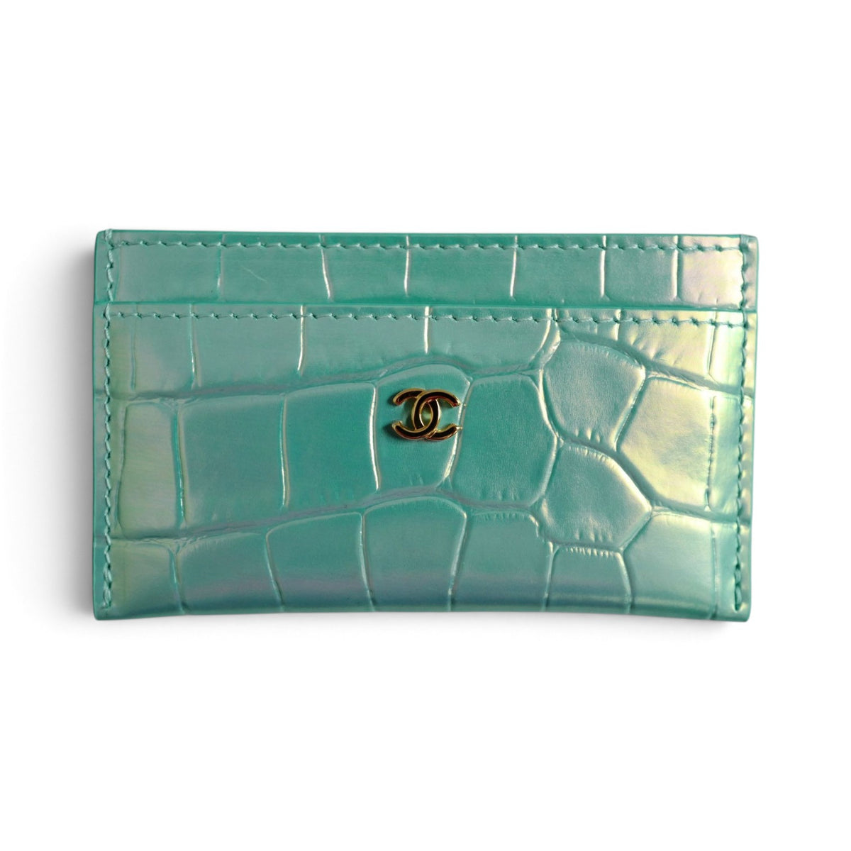New Chanel 26K Matthieu Blazy's Card Holder Croc Embossed Iridescent Turquoise Green Calfskin GHW