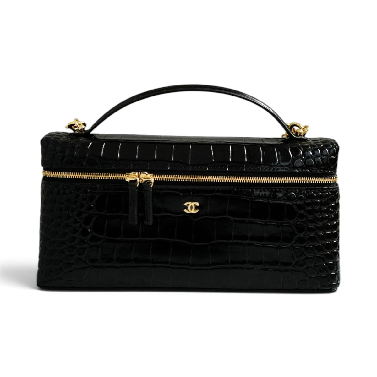 Chanel 26K Matthieu Blazy's Vanity with Chain Croc Embossed Black Calfskin Leather GHW