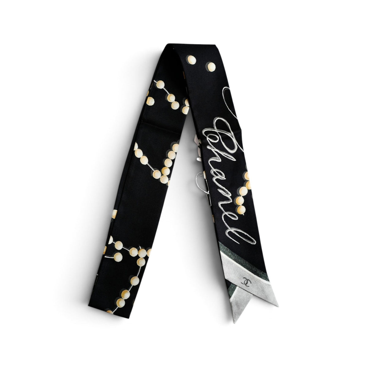 Chanel 26K Matthieu Blazy's Slim Bandeau Silk Twill Black/Ecru/Gray Pearl Accents