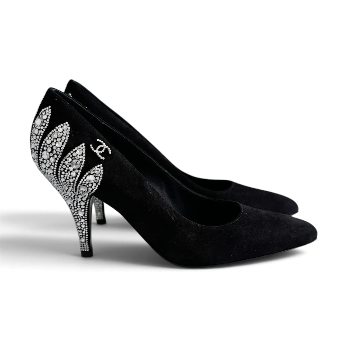 Chanel 26A Metiers d'Art Pumps Suede Kidskin Strass Black & Silver Size 37.5