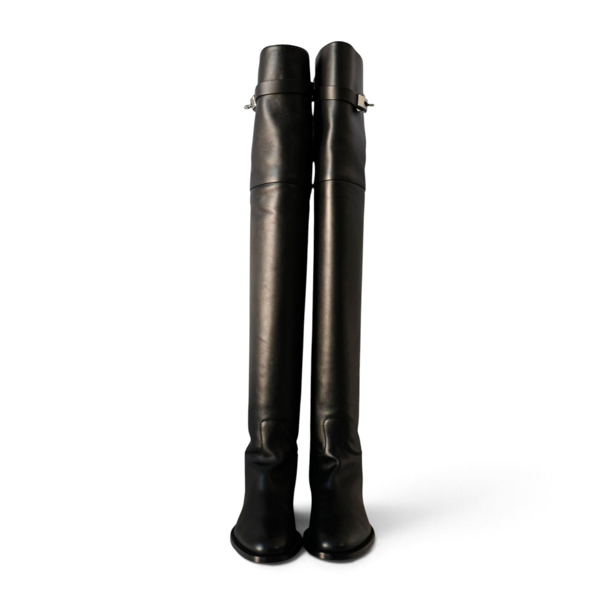 Hermes Thigh High Boots Noir Calfskin Palladium Kelly Buckle Size 38