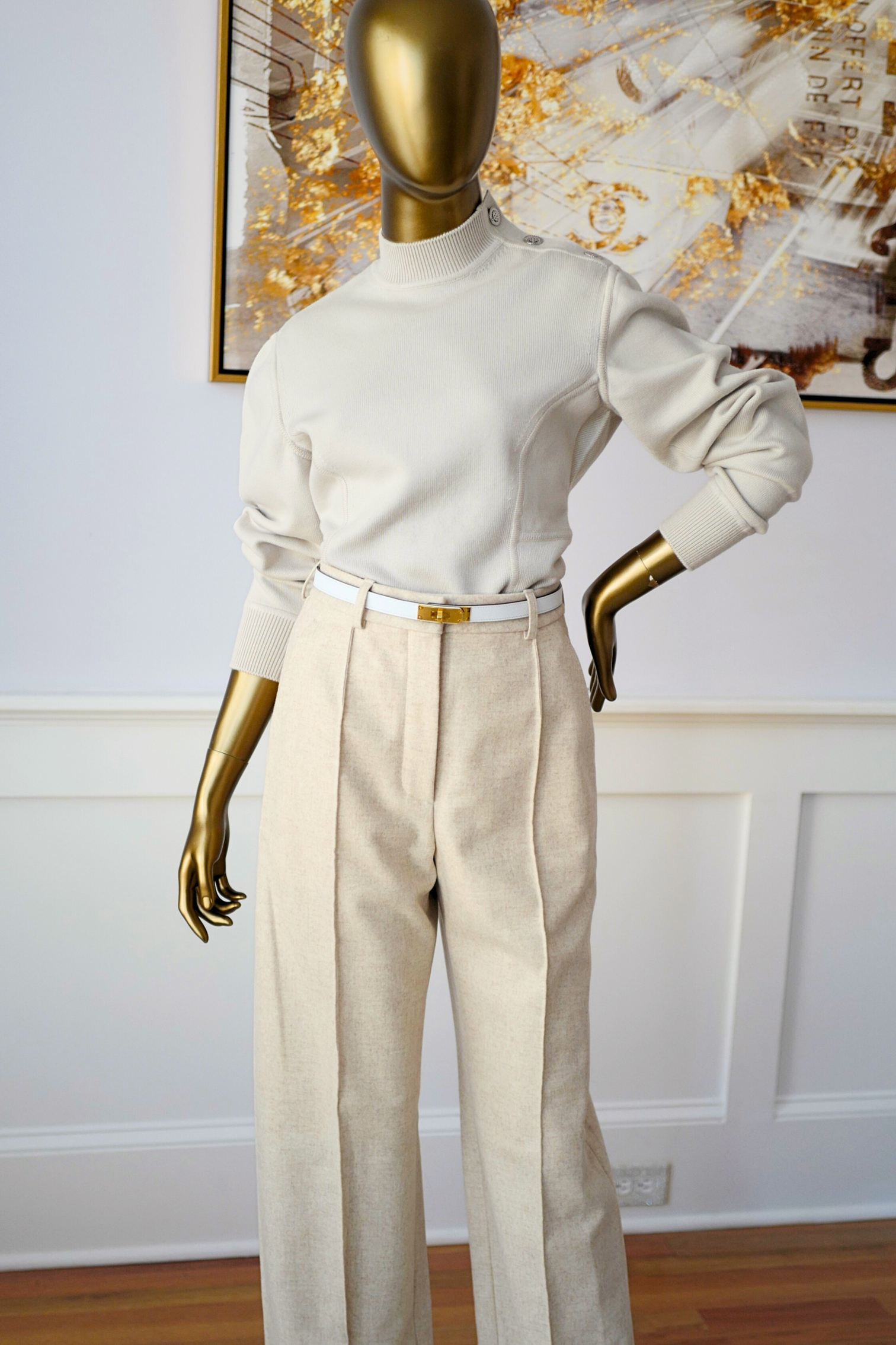 Hermès Sweater with Ferronnerie Button Details Jewel Knit Mock Neck Size 36 Beige Sable