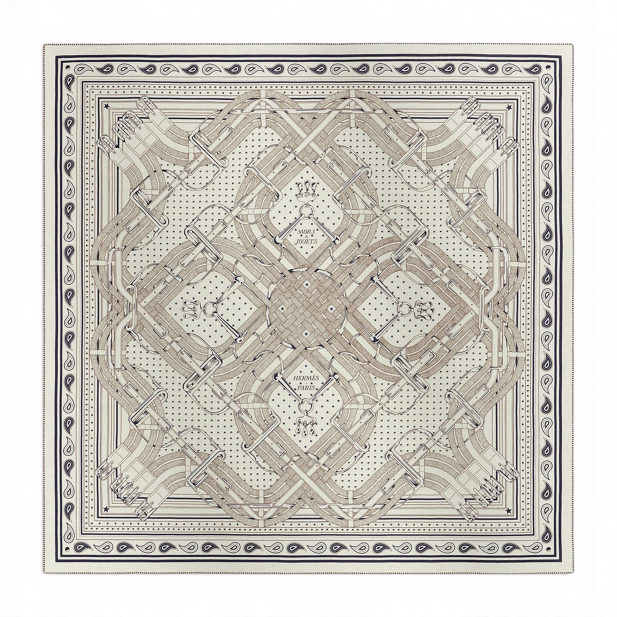 Hermès Mors a Jouets Bandana Shawl 140 Blanc/Bleu Marine/Ébène Cashmere Silk