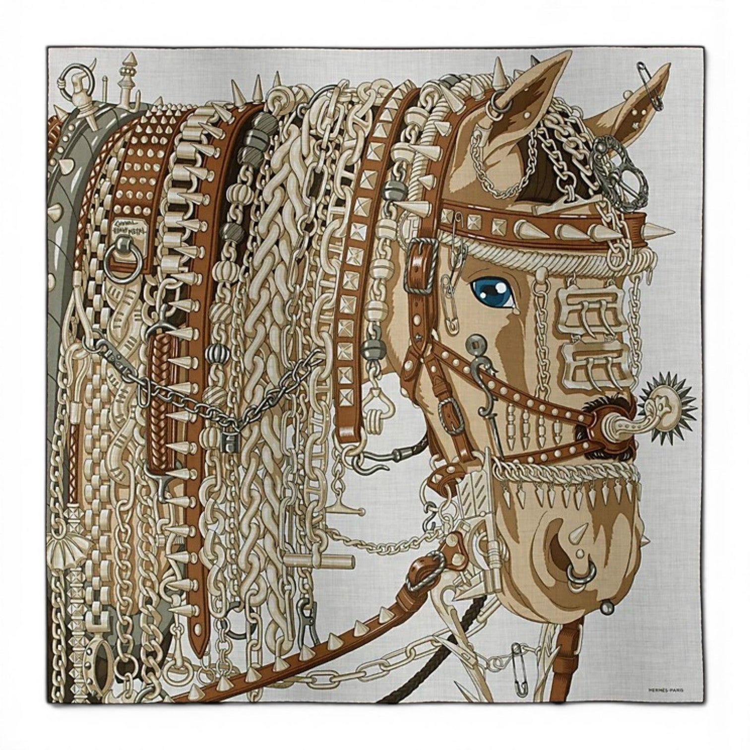 NEW Hermès Cheval Heavy Metal Scarf 100 Cashmere Silk Gris Clair / Kra