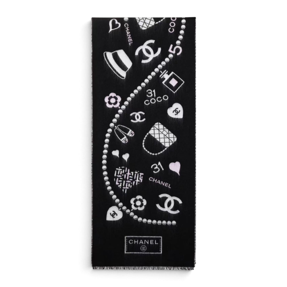 NEW Chanel 25B Black White Wool & Silk Scarf with Pearl Decoration