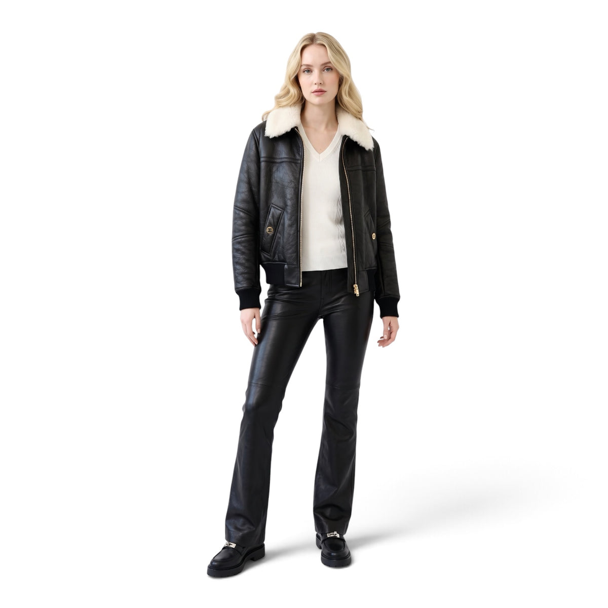 Chanel 26B Blouson Jacket Black White Shearling Lambskin Size 36