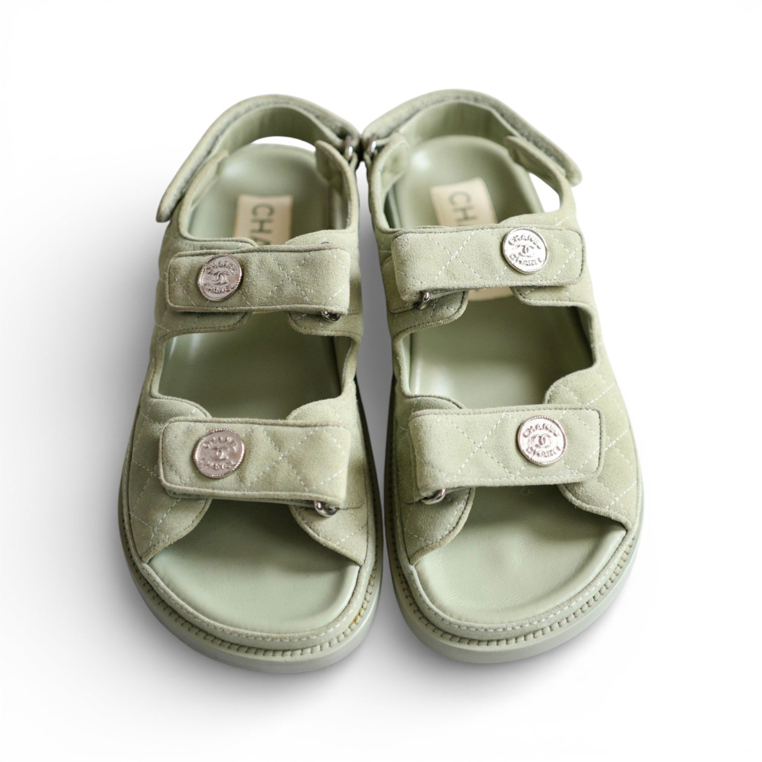 Chanel DAD SANDALS Green SUEDE LEATHER SANDAL Size 37 BNIB