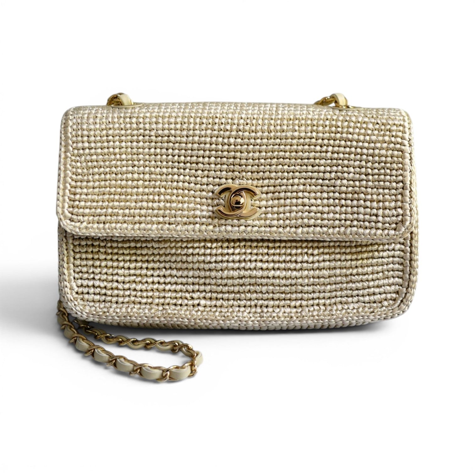 Chanel 26M Coco Beach Small Flap Bag Cream Braided Raffia Gold Hardware