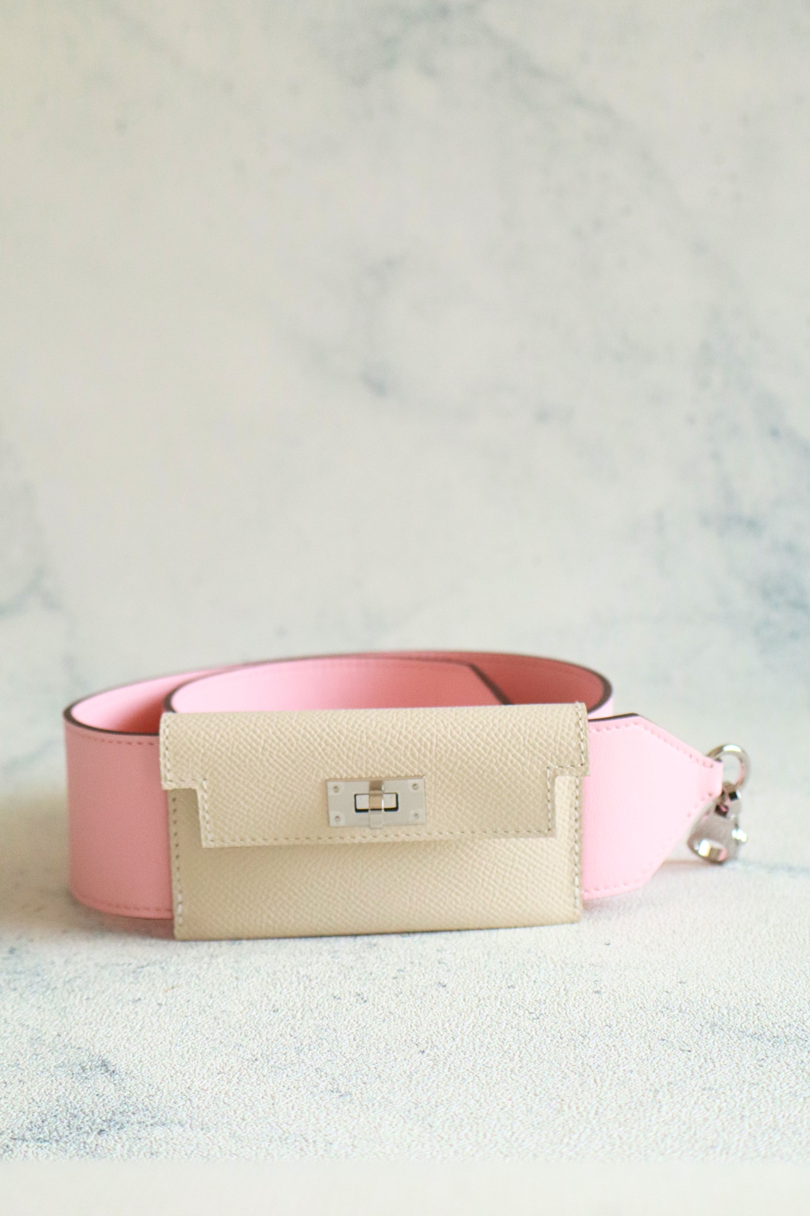 NEW Hermes Kelly Pocket Bag Strap Rose Sakura/Craie Swift Epsom Calfskin 85 cm