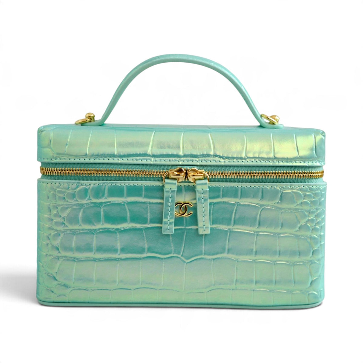 NEW Chanel 26K Vanity with Chain Turquoise Croc Embossed Iridescent Calfskin GHW