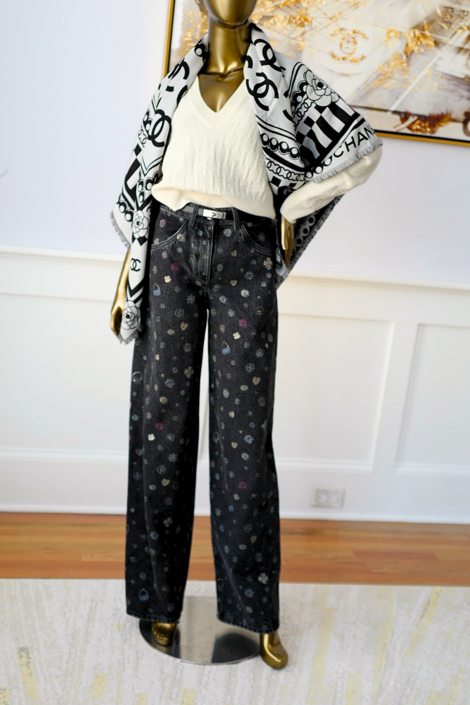 CHANEL 26C Black White Checkered Double CC Scarf Shawl