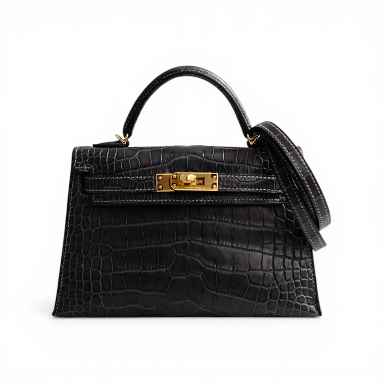 Hermès Mini Kelly Graphite Sellier Alligator Mississippiens K Stamp GHW