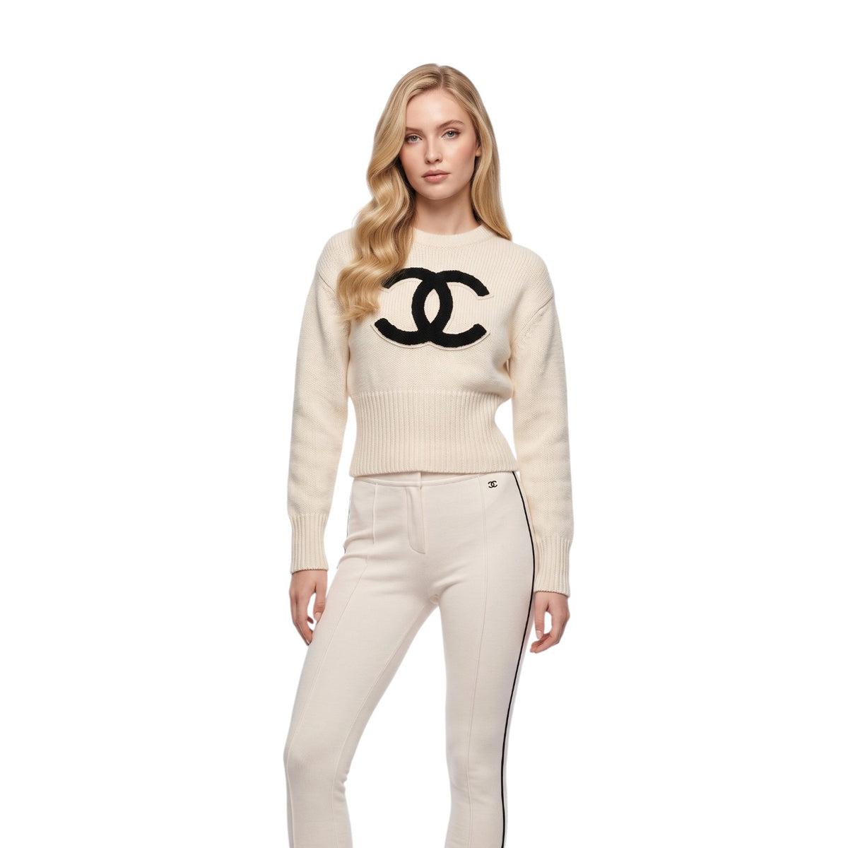 NEW Chanel 26N Pullover Sweater Wool & Cashmere Ecru Black CC Logo Size 36