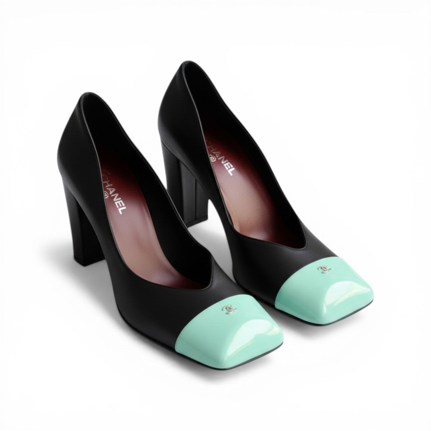 Chanel 26S Pumps Matthieu Blazy's Black/Green Lambskin Patent Calfskin Size 38c