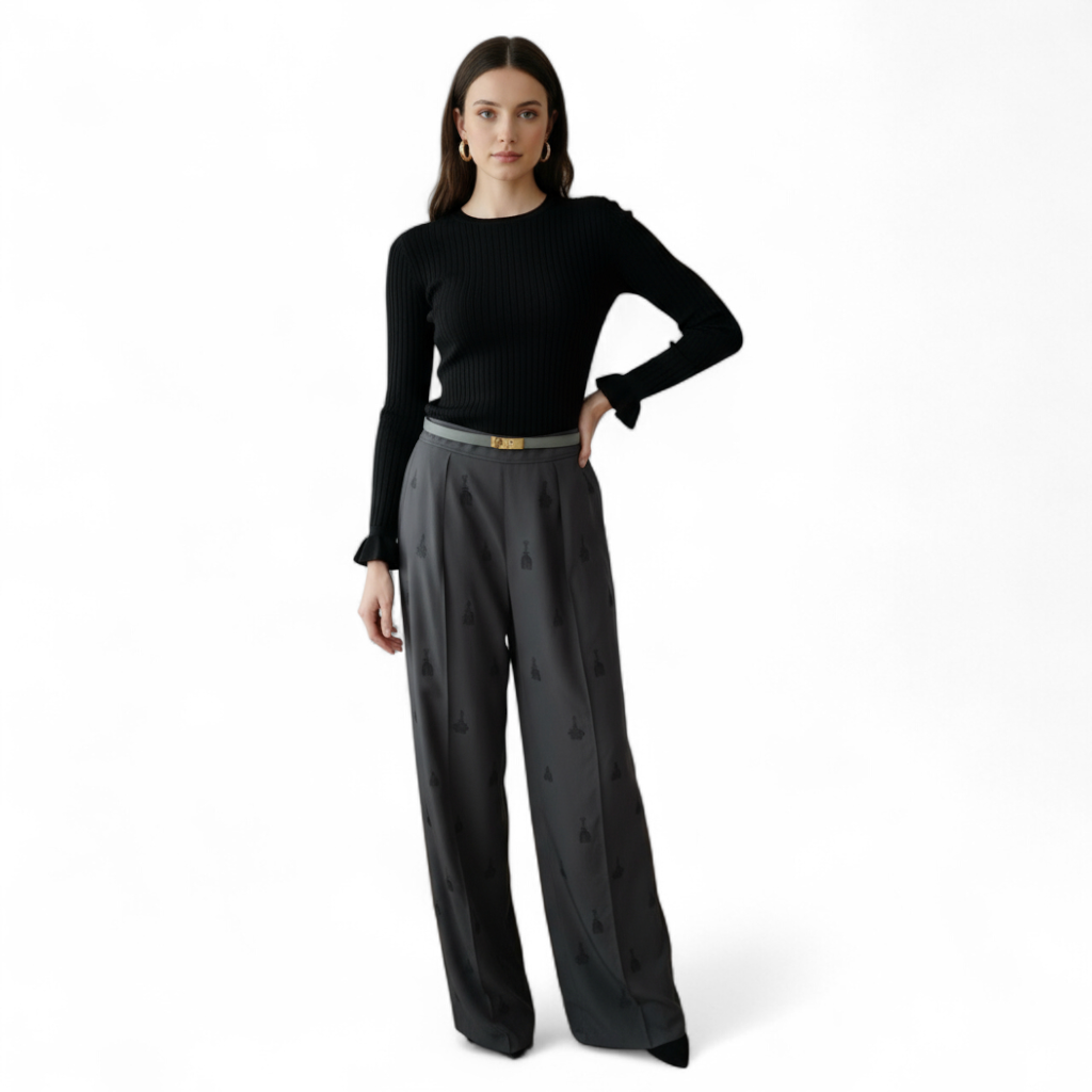 NEW Hermès Women’s Pajama Pants Embroidered Silk Canvas Gris Charbon Size 36