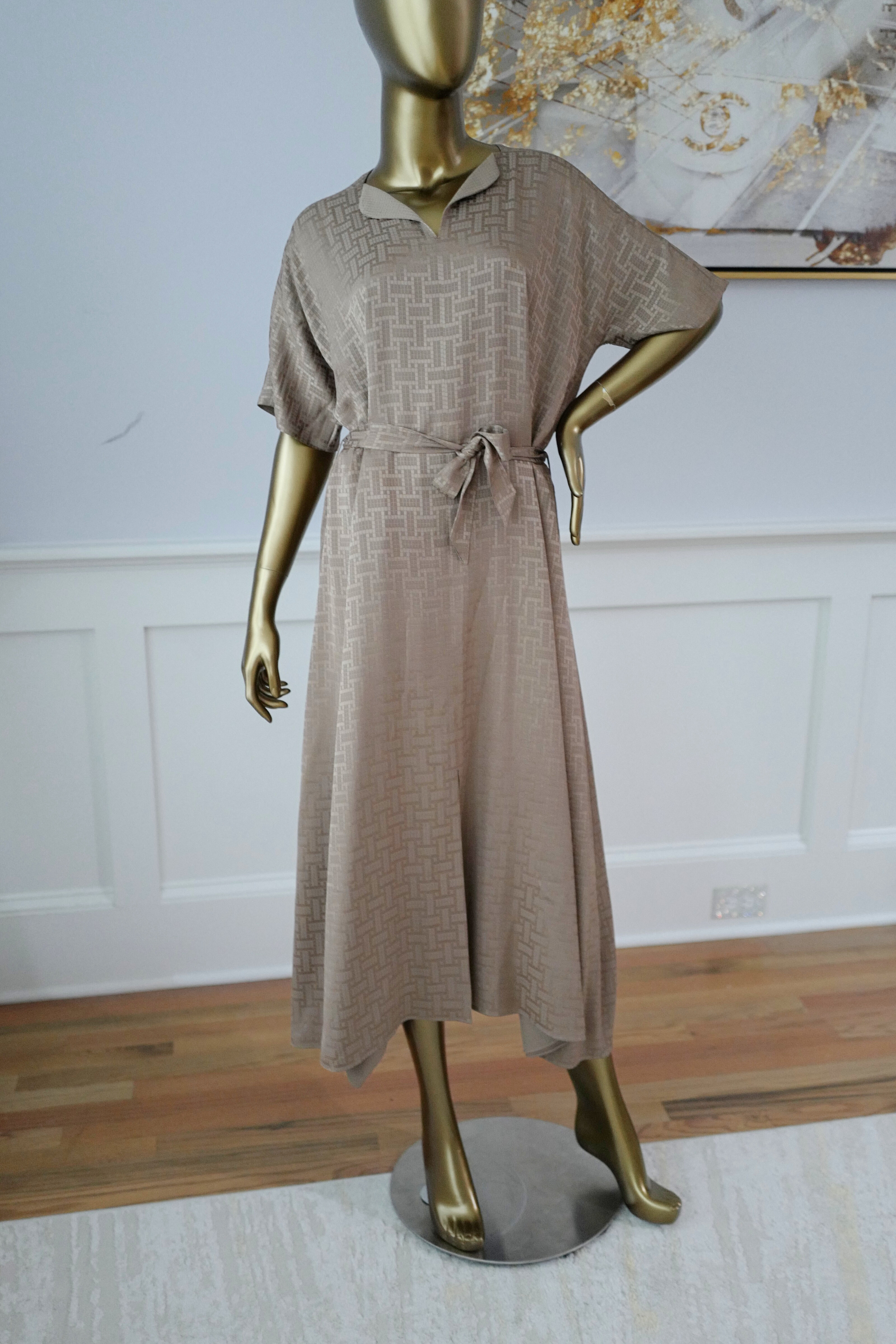 NEW Hermès Mosaique Belted Caftan Dress in Jacquard Silk Gris Étoupe Size 36