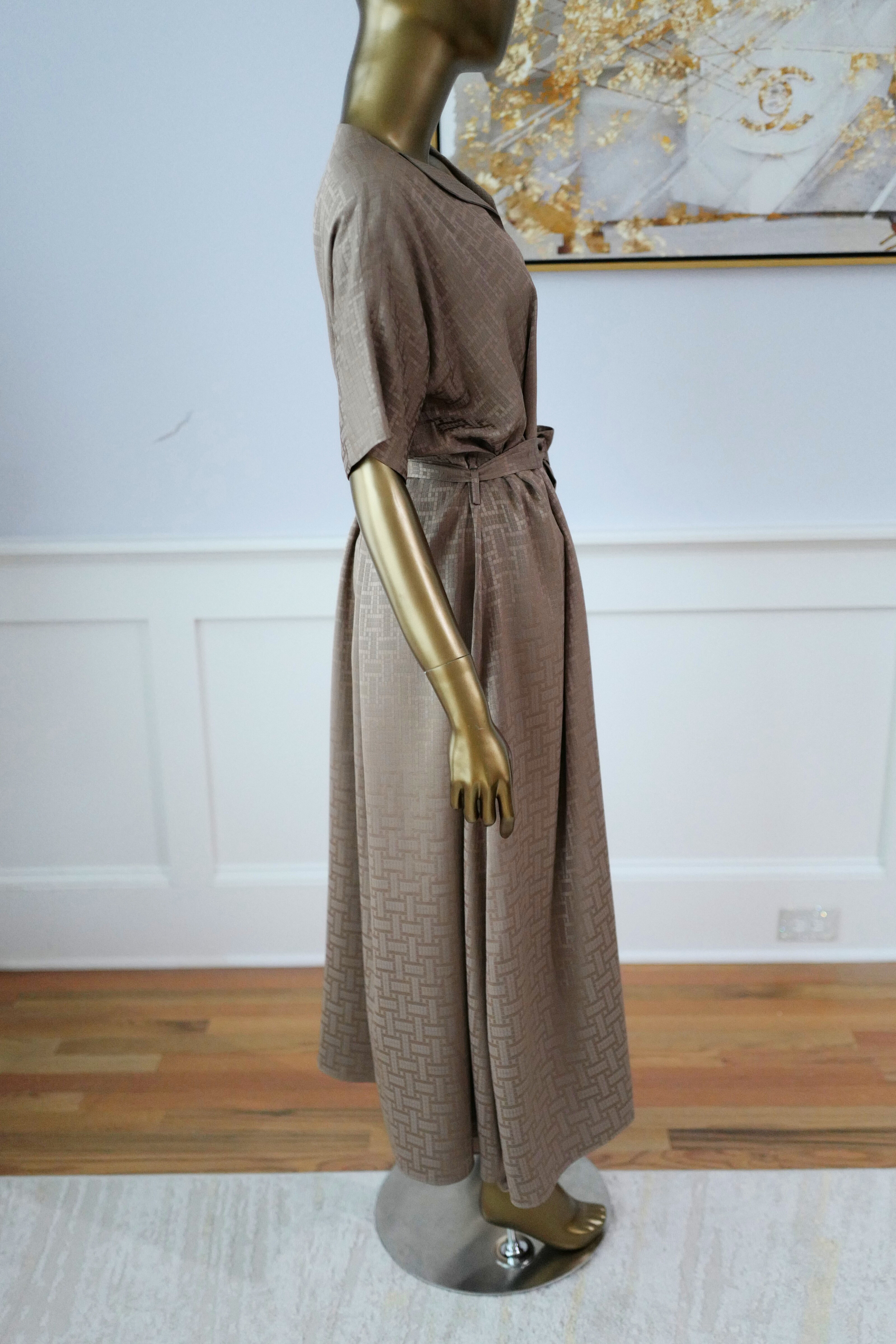 NEW Hermès Mosaique Belted Caftan Dress in Jacquard Silk Gris Étoupe Size 36