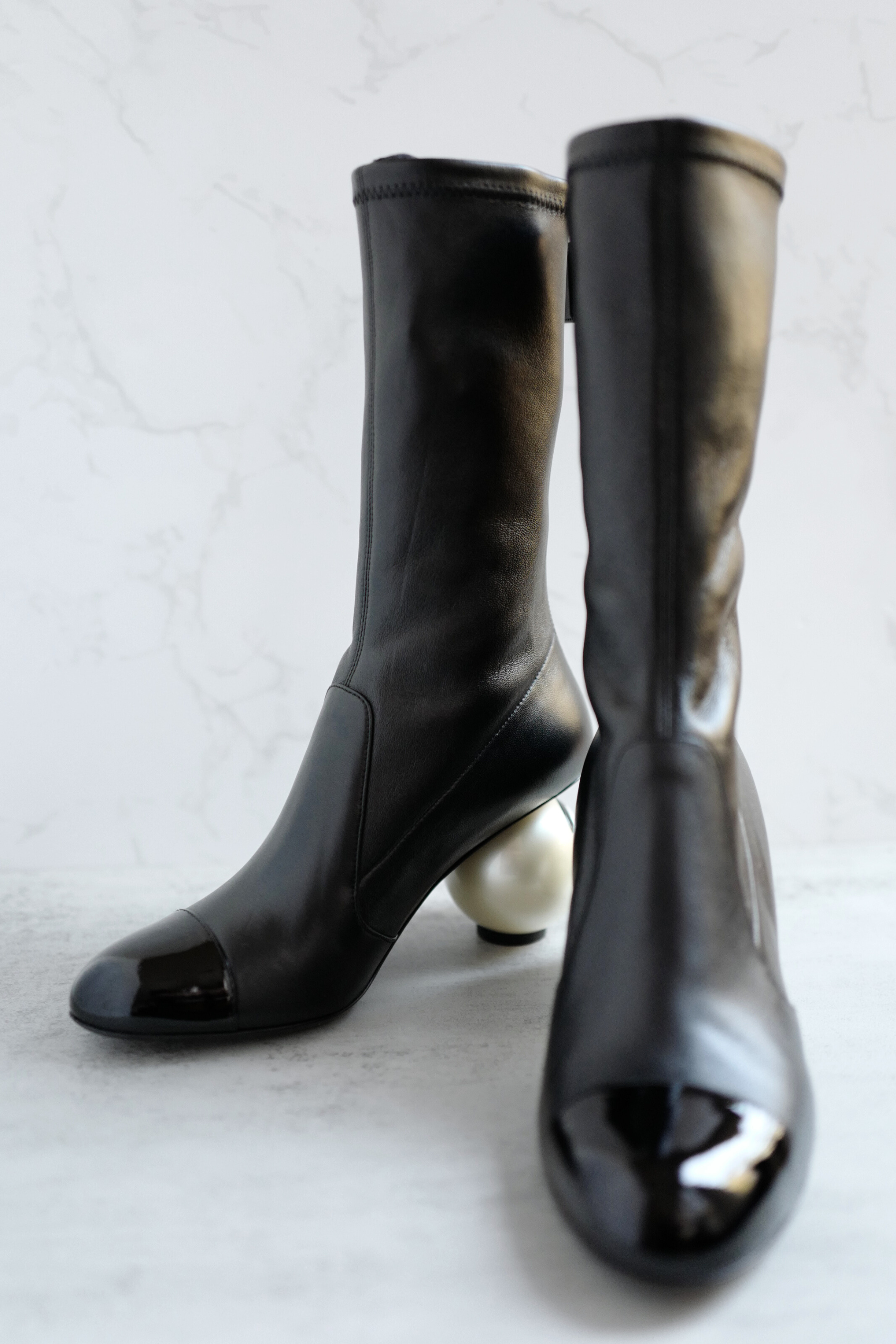 Chanel Boots Stretch Lambskin with Patent Calfskin Cap Toe Black 37.5